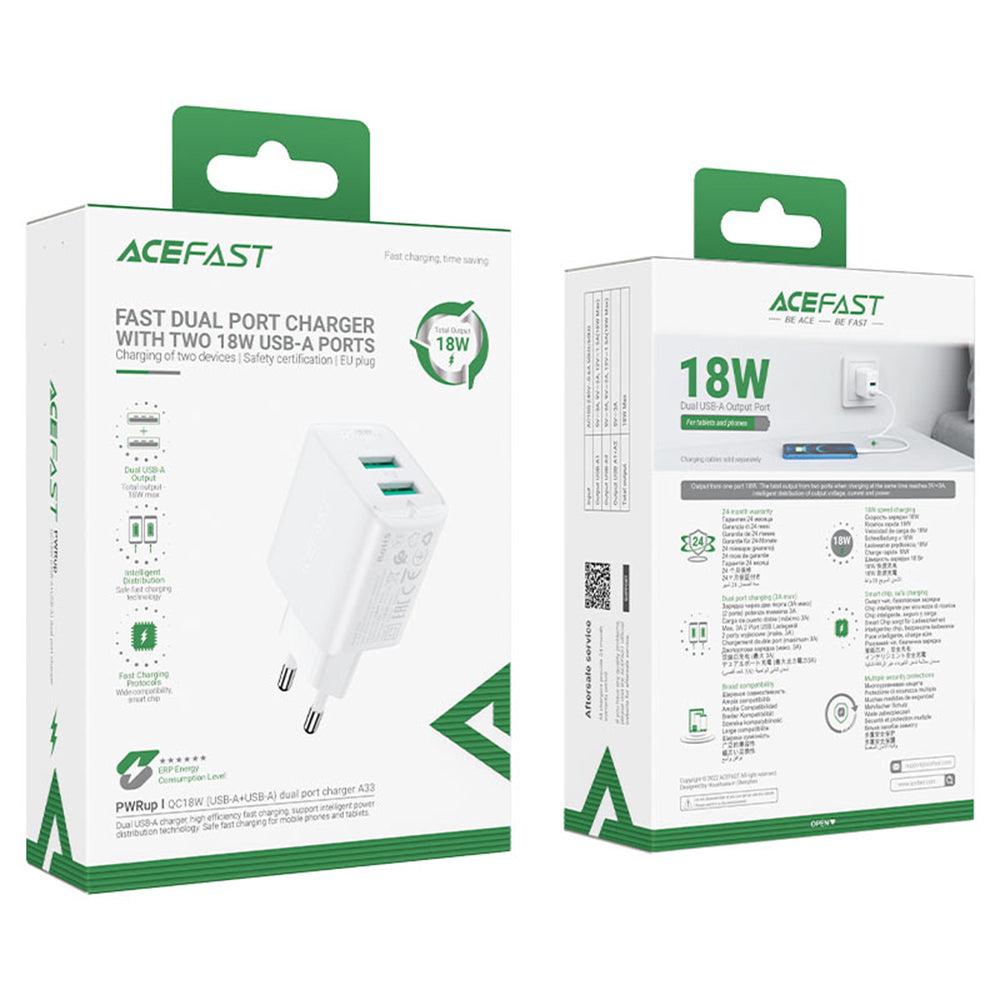 Síťová nabíječka Acefast A33, 18W, 3A, 2 x USB-A, Černá