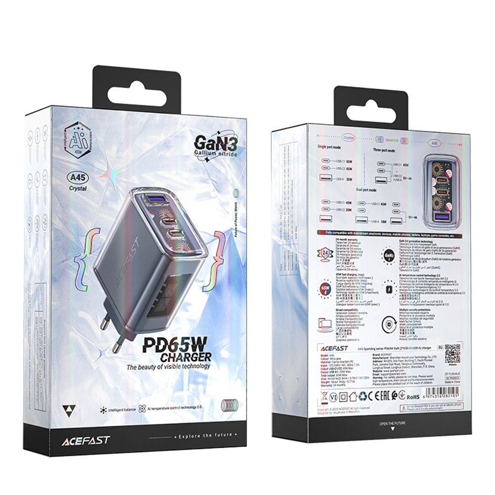 Síťová nabíječka Acefast A45 Exploration, 65W, 3.25A, 1 x USB-A - 2 x USB-C, šedá