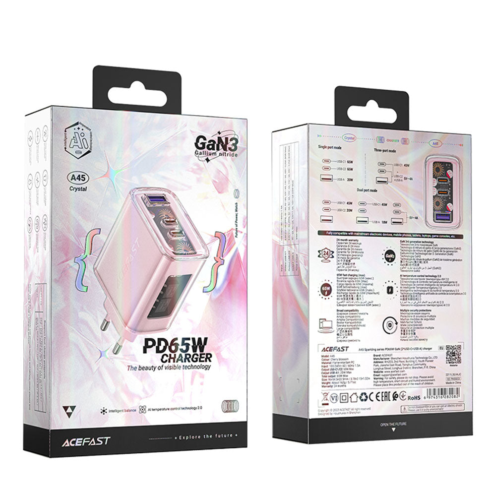 Síťová nabíječka Acefast A45 Exploration, 65W, 3.25A, 1 x USB-A - 2 x USB-C, Růžová