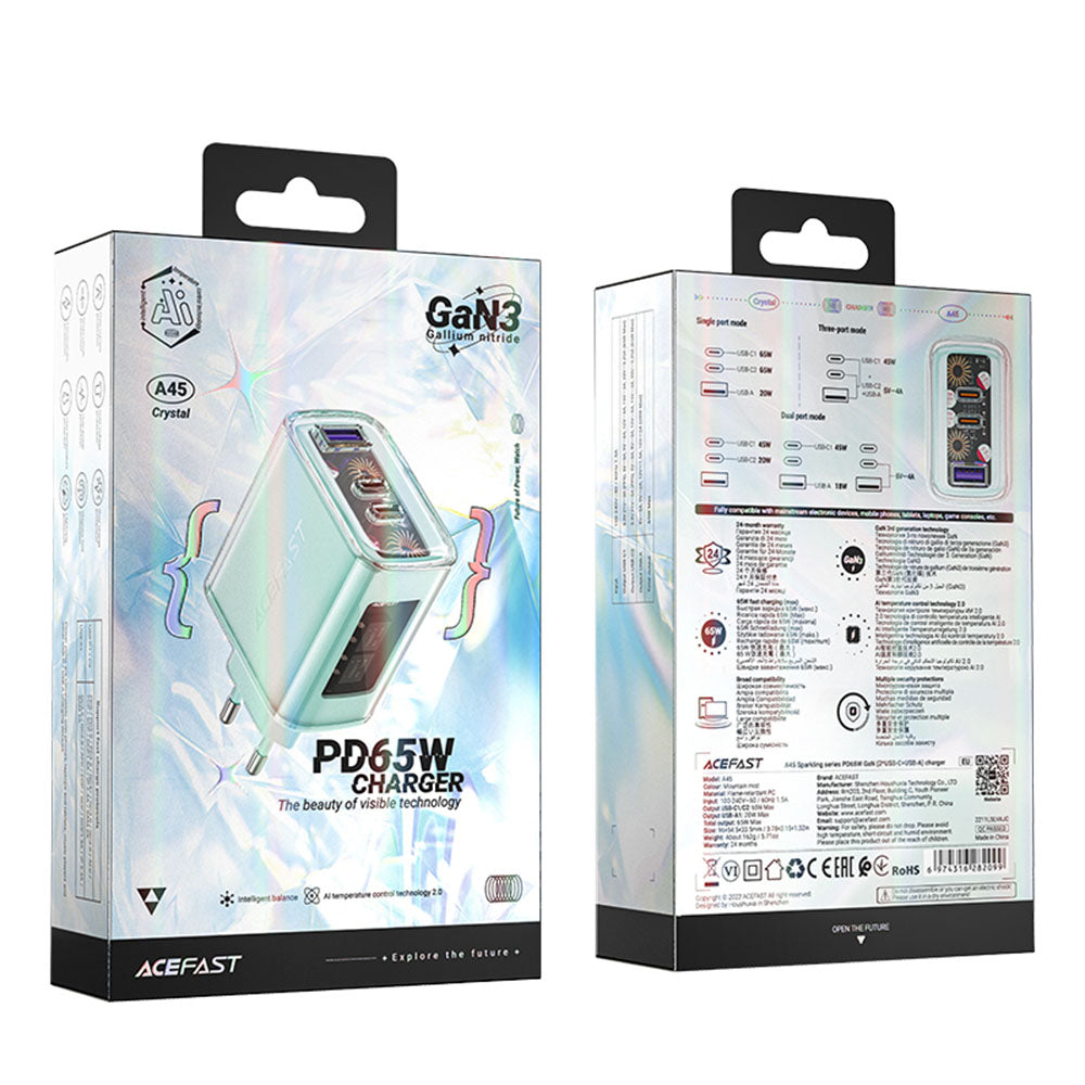 Síťová nabíječka Acefast A45 Exploration, 65W, 3.25A, 1 x USB-A - 2 x USB-C, zelená