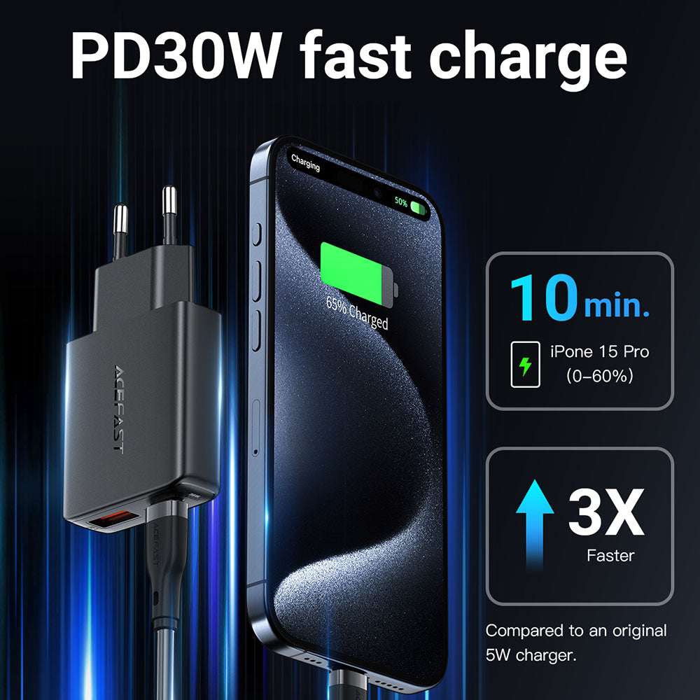 Síťová nabíječka Acefast A69, 30W, 3A, 1 x USB-A - 1 x USB-C, černá