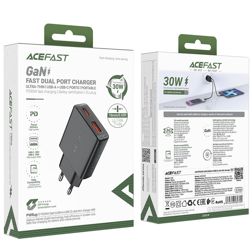 Síťová nabíječka Acefast A69, 30W, 3A, 1 x USB-A - 1 x USB-C, černá