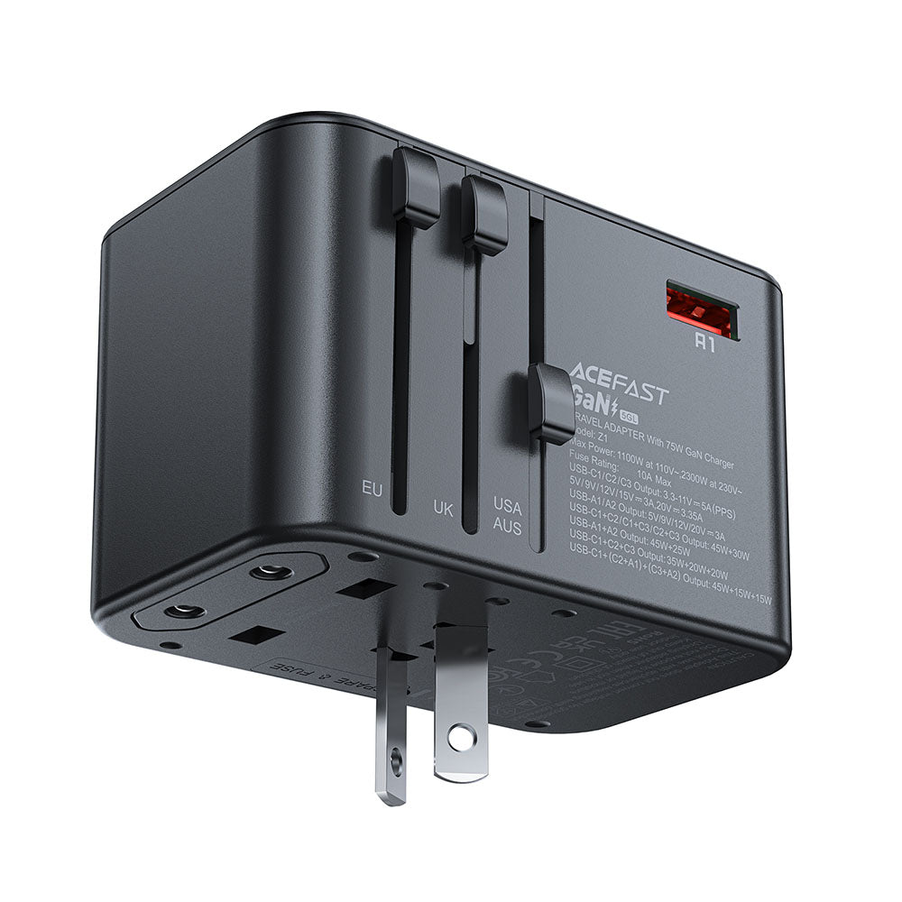 Acefast Travel Z1 Network Charger, 75W, 3.35A, 2 x USB-A - 3 x USB-C, Black