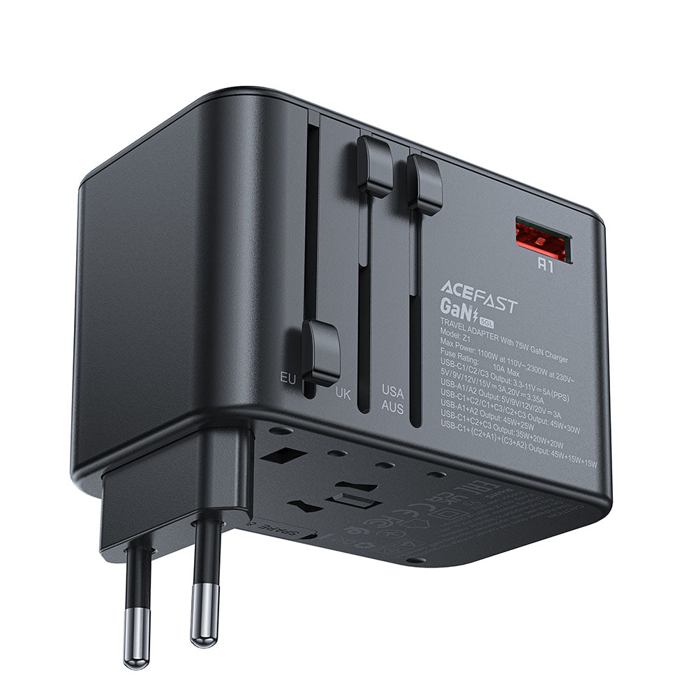 Acefast Travel Z1 Network Charger, 75W, 3.35A, 2 x USB-A - 3 x USB-C, Black
