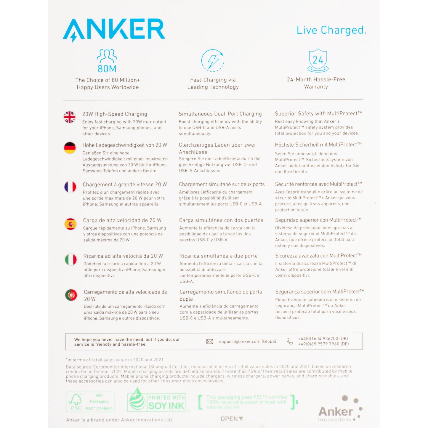 Anker 312 Network Charger, 20W, 3A, 1 x USB-A - 1 x USB-C, White A2348G21