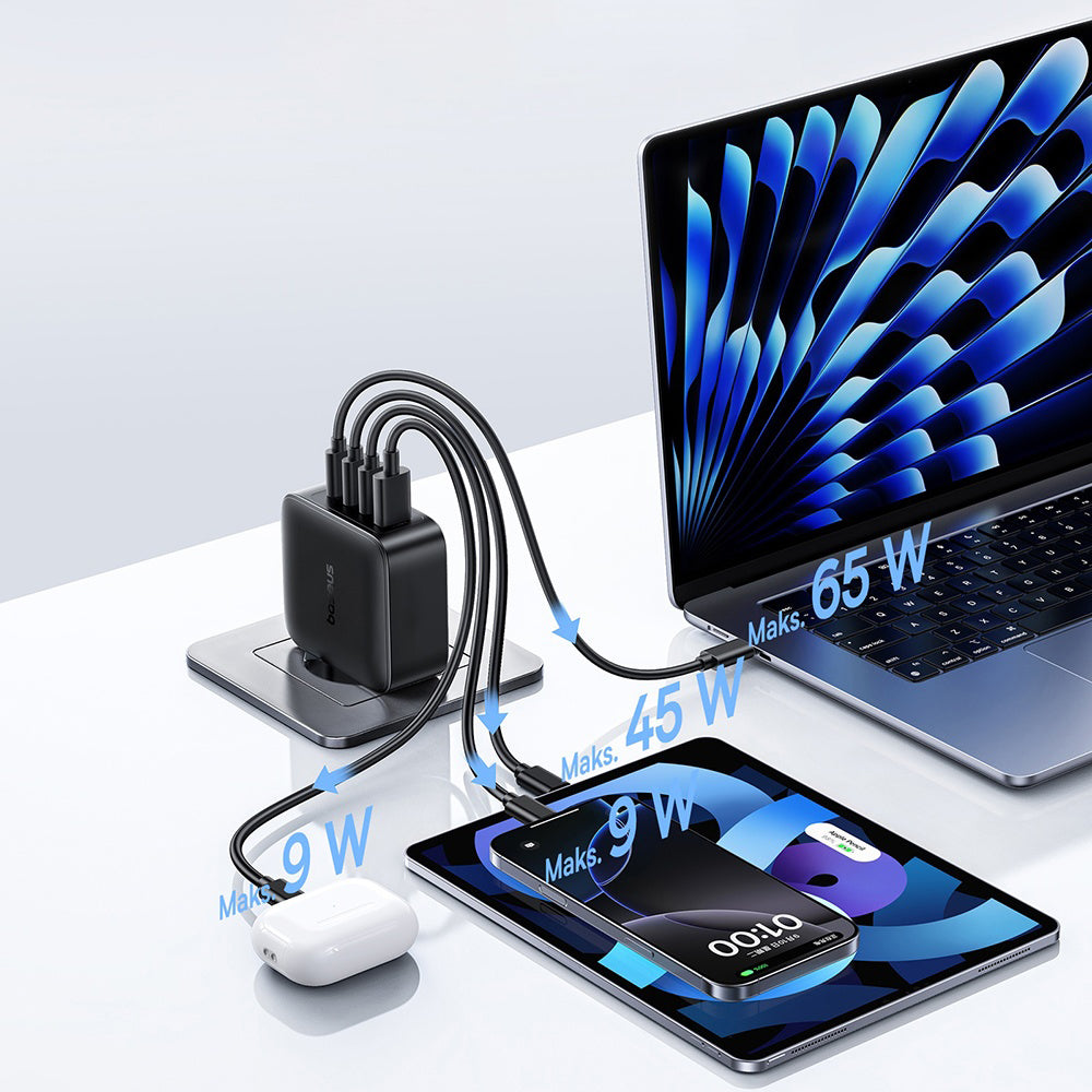Síťová nabíječka Baseus EnerFill FH11, 140W, 5A, 1 x USB-A - 3 x USB-C, Černá E0121J00