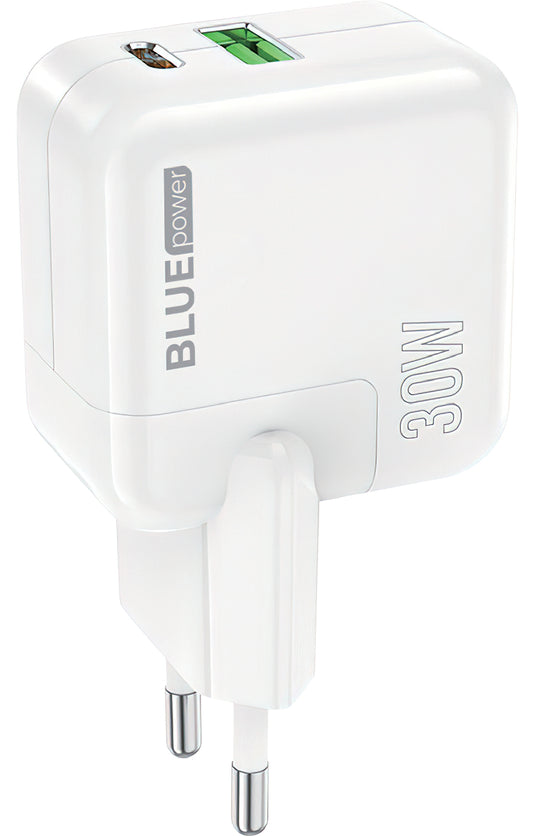 Síťová nabíječka BLUE Power BC111A, 30W, 3A, 1 x USB-A - 1 x USB-C, Bílá
