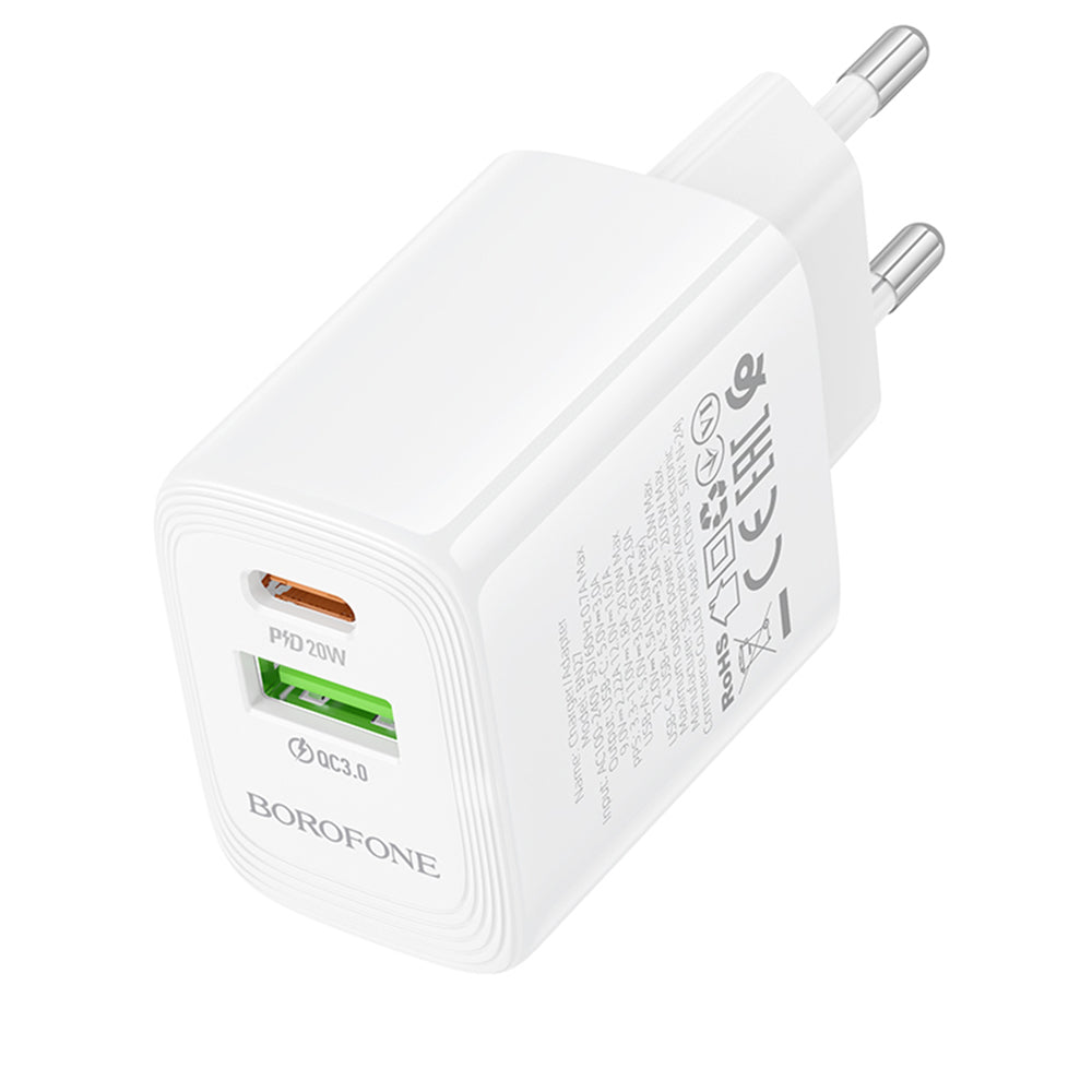 Síťová nabíječka Borofone BN27 Fuente, 20W, 3A, 1 x USB-A - 1 x USB-C, Bílá