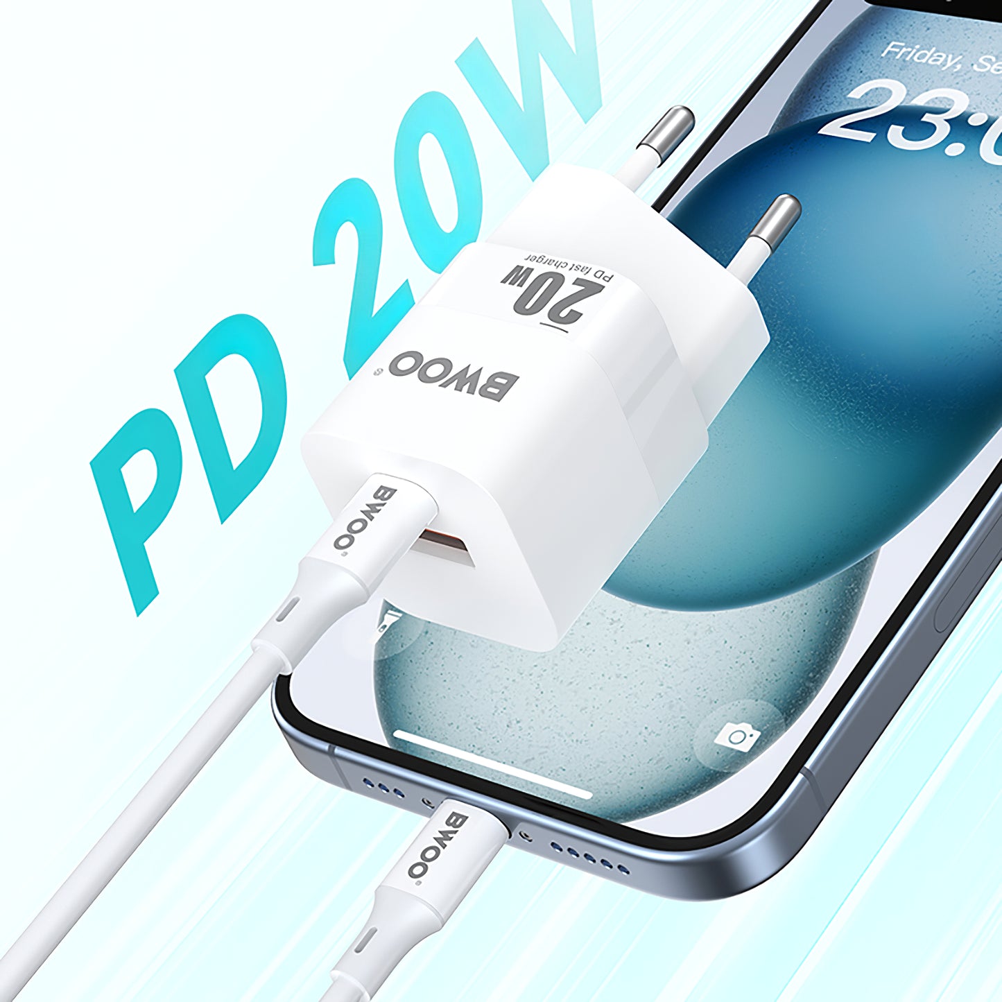 Síťová nabíječka BWOO BO-CDA156, 20W, 3A, 1 x USB-A - 1 x USB-C, bílá