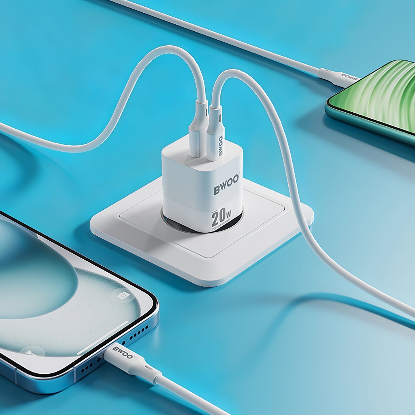 Síťová nabíječka BWOO BO-CDA156, 20W, 3A, 1 x USB-A - 1 x USB-C, bílá