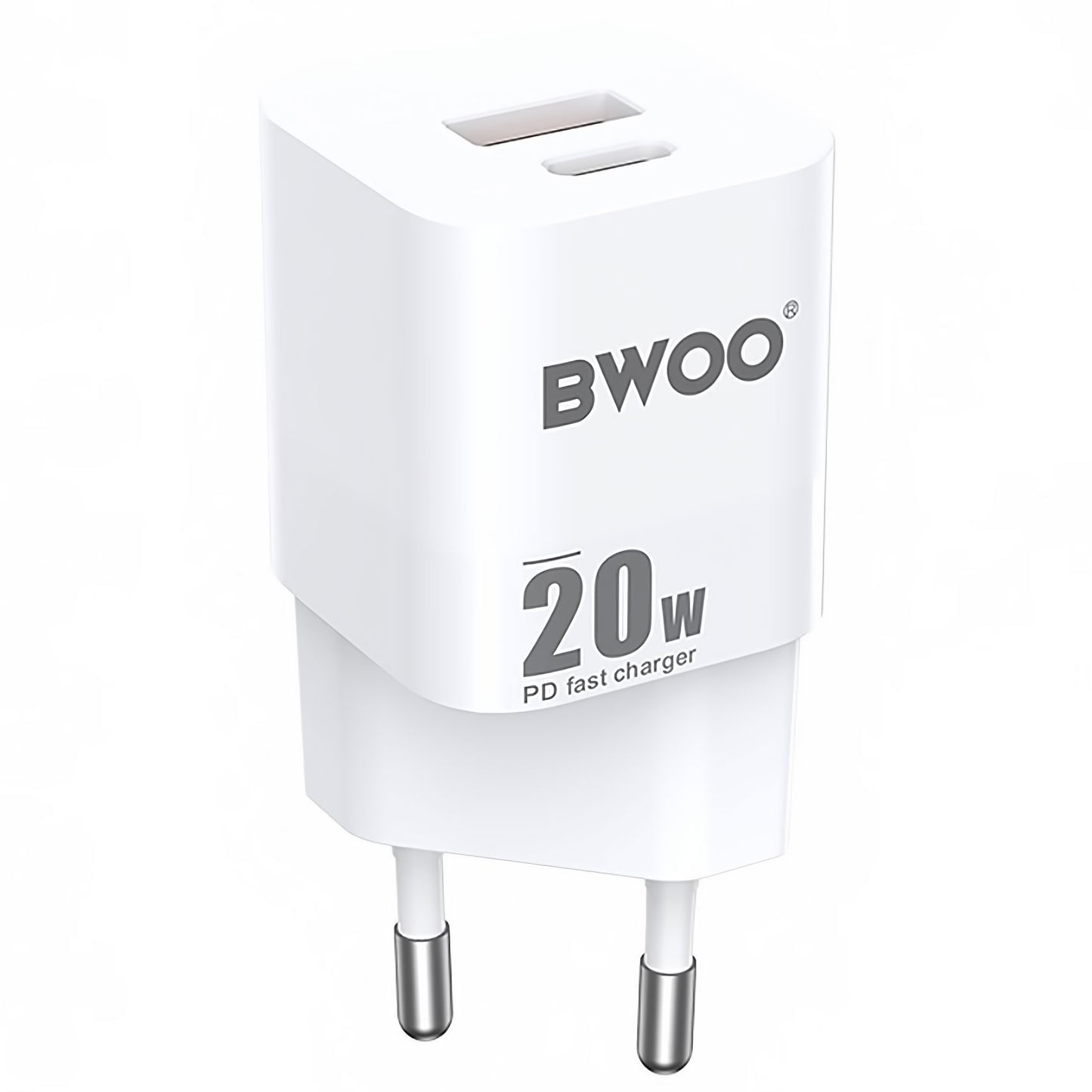 Síťová nabíječka BWOO BO-CDA156, 20W, 3A, 1 x USB-A - 1 x USB-C, bílá