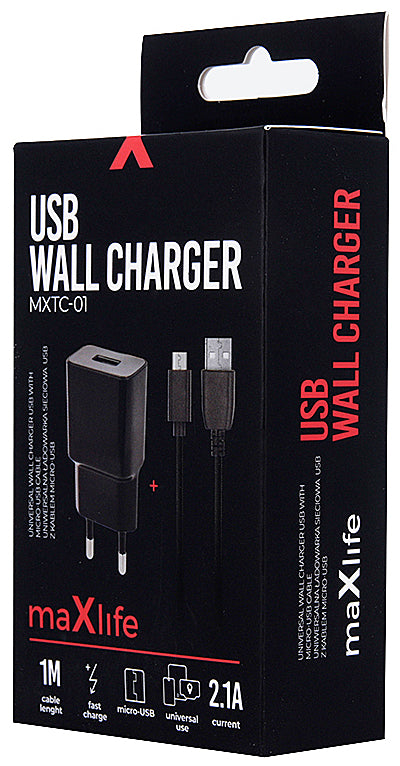 Síťová nabíječka MaXlife MXTC-01 s kabelem microUSB, 10,5 W, 2,1 A, 1 x USB-A, černá