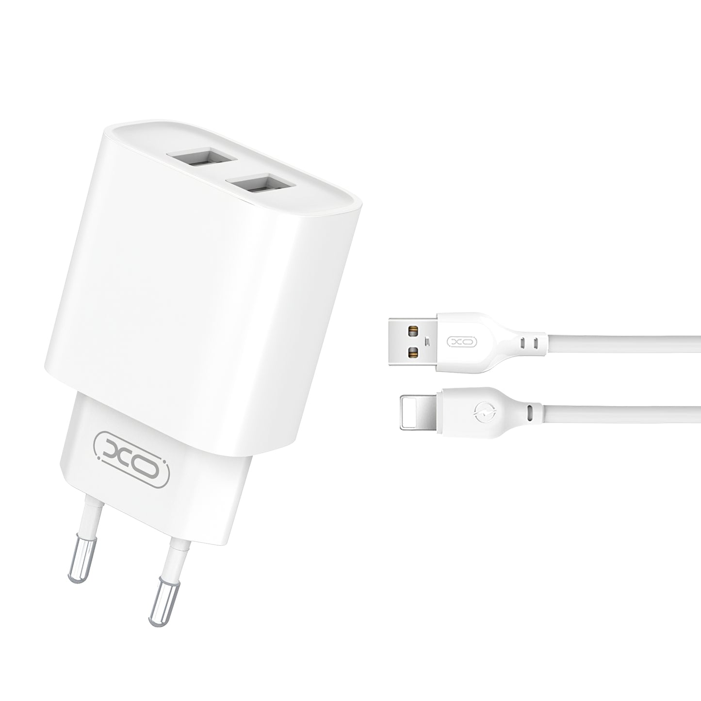 Síťová nabíječka s kabelem Lightning XO Design CE02C, 10,5 W, 2,1 A, 2 x USB-A, bílá