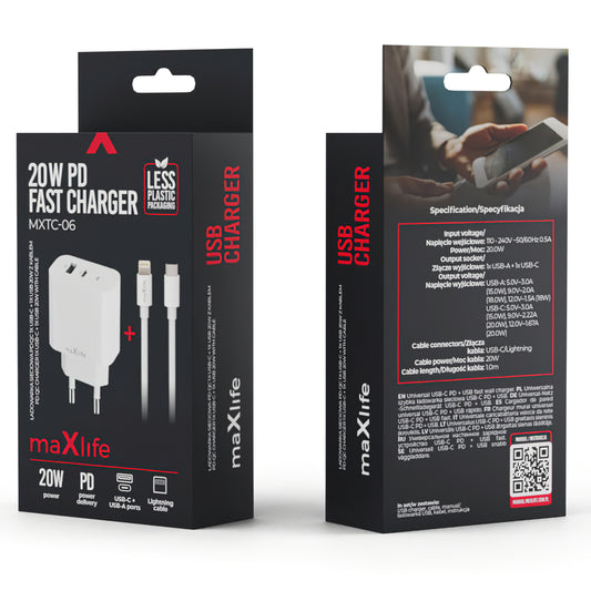 MaXlife MXTC-06-20AC Síťová nabíječka MaXlife MXTC-06-20AC s kabelem Lightning, 20 W, 3A, 1 x USB-A - 1 x USB-C, bílá
