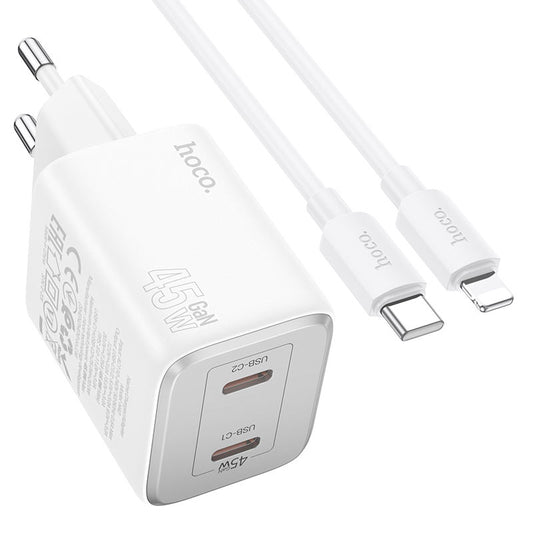 Síťová nabíječka s kabelem Lightning HOCO N42, 45W, 3A, 2 x USB-C, bílá