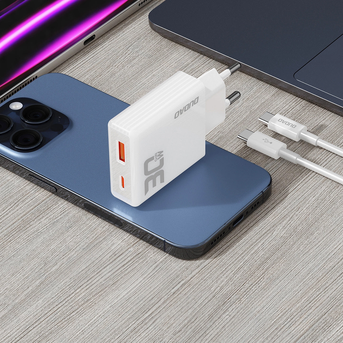 Dudao A30EUT Síťová nabíječka s kabelem USB-C, 30W, 3A, 1 x USB-A - 1 x USB-C, bílá