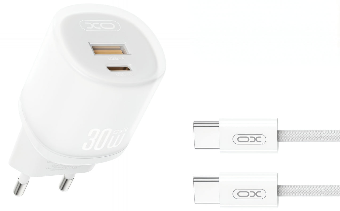 Síťová nabíječka s kabelem USB-C XO Design L151, 30W, 3A, 1 x USB-A - 1 x USB-C, Bílá