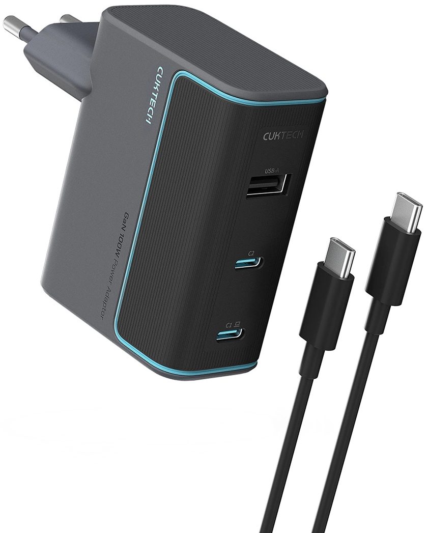 Síťová nabíječka s kabelem USB-C Cuktech, 100W, 5A, 1 x USB-A - 2 x USB-C, Šedá CUKAD1003EUG