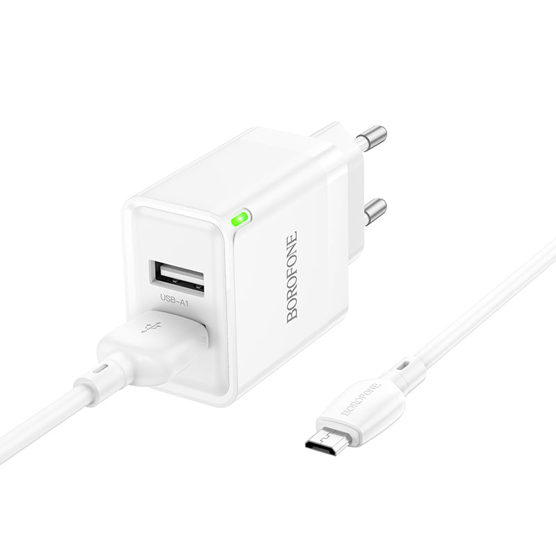 Network Charger with microUSB Cable Borofone BN15 Strong, 10.5W, 2.1A, 2 x USB-A, White