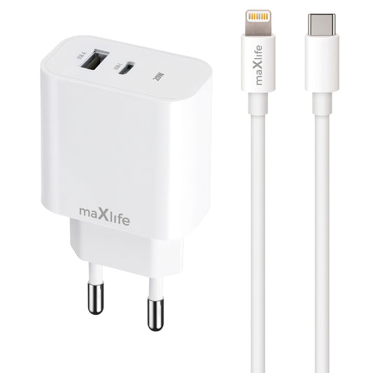 MaXlife MXTC-06-20AC Síťová nabíječka MaXlife MXTC-06-20AC s kabelem Lightning, 20 W, 3A, 1 x USB-A - 1 x USB-C, bílá