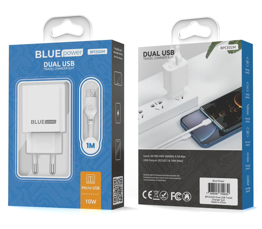 Síťová nabíječka Blue Power BPCE02M s kabelem microUSB BPCE02M, 10,5 W, 2,1 A, 2 x USB-A, bílá