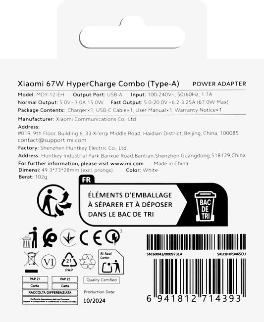 Síťová nabíječka Xiaomi s kabelem USB-C, 67 W, 6,2 A, 1 x USB-A, bílá BHR9465EU