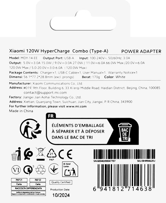 Síťová nabíječka Xiaomi s kabelem USB-C, 120W, 6A, 1 x USB-A, bílá BHR9462EU
