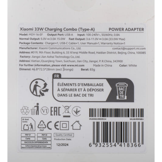 Síťová nabíječka s kabelem USB-C Xiaomi, 33W, 3A, 1 x USB-A, Bílá BHR9956EU
