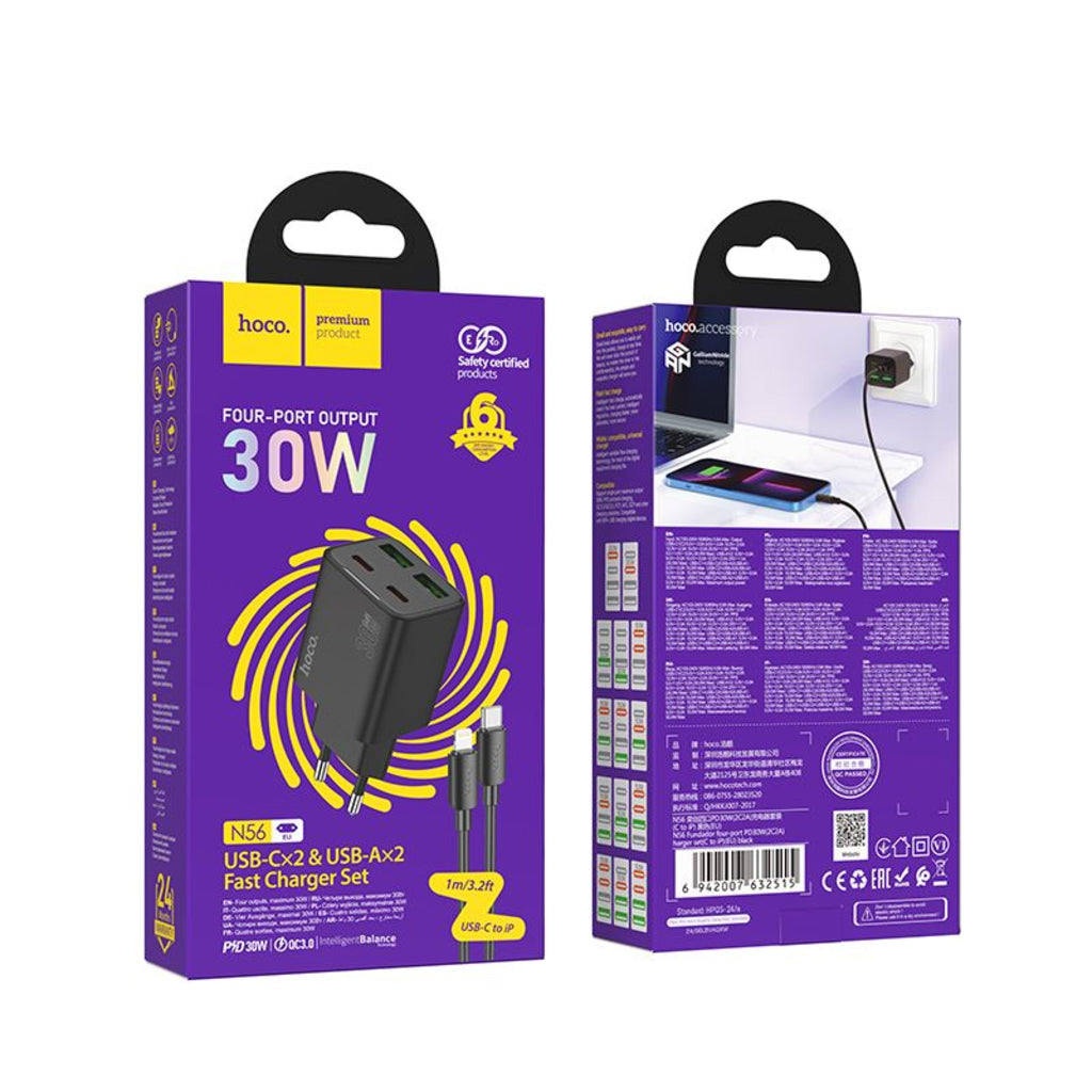 Síťová nabíječka s kabelem Lightning HOCO N56, 30W, 3A, 2 x USB-A - 2 x USB-C, černá