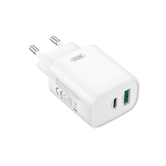 Síťová nabíječka s kabelem USB-C XO Design CE29, 20W, 3A, 1 x USB-A - 1 x USB-C, Bílá