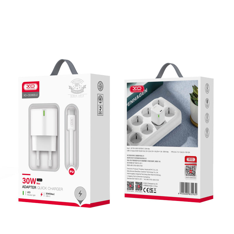 Síťová nabíječka s kabelem USB-C XO Design CE06, 30W, 3A, 1 x USB-C, Bílá