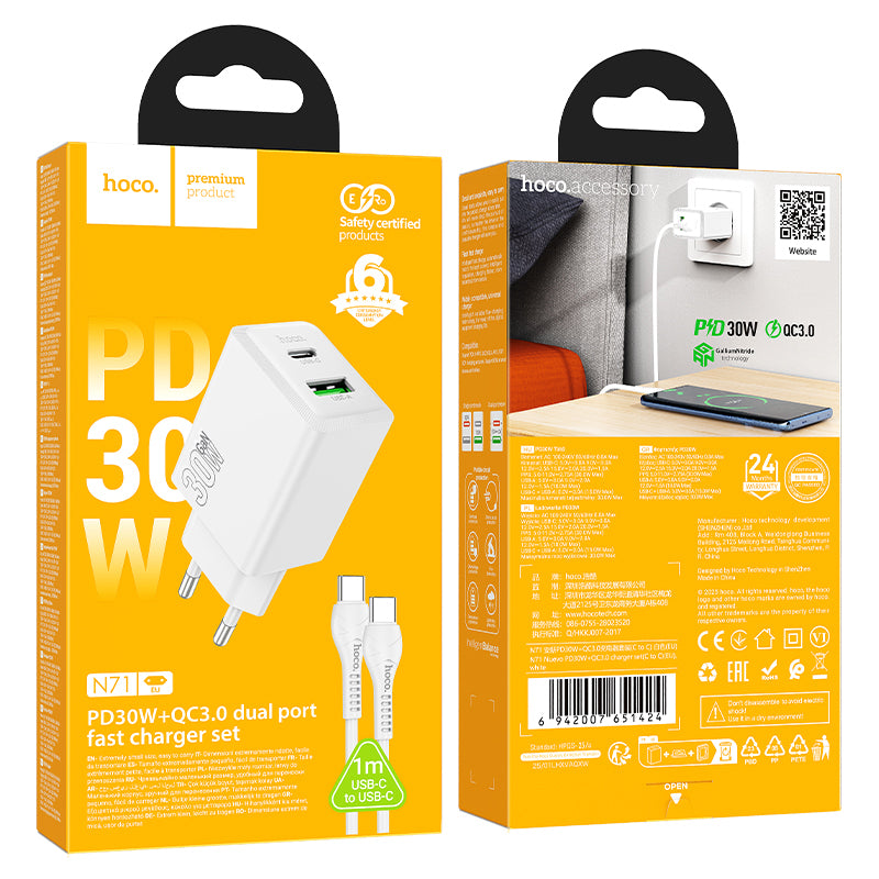 Síťová nabíječka s kabelem USB-C HOCO N71, 30W, 3A, 1 x USB-A - 1 x USB-C, Bílá