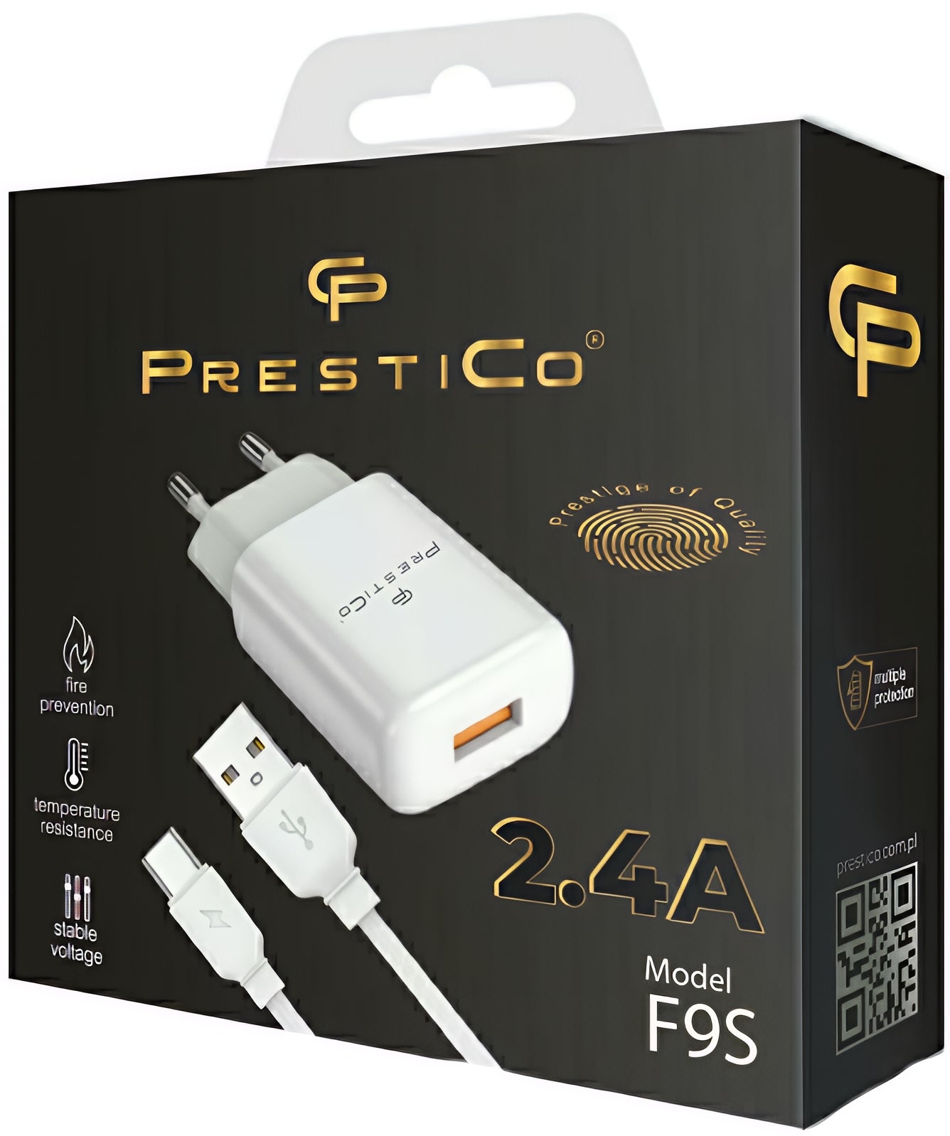 Síťová nabíječka s kabelem USB-C Prestico F9S, 12W, 2.4A, 1 x USB-A, Bílá