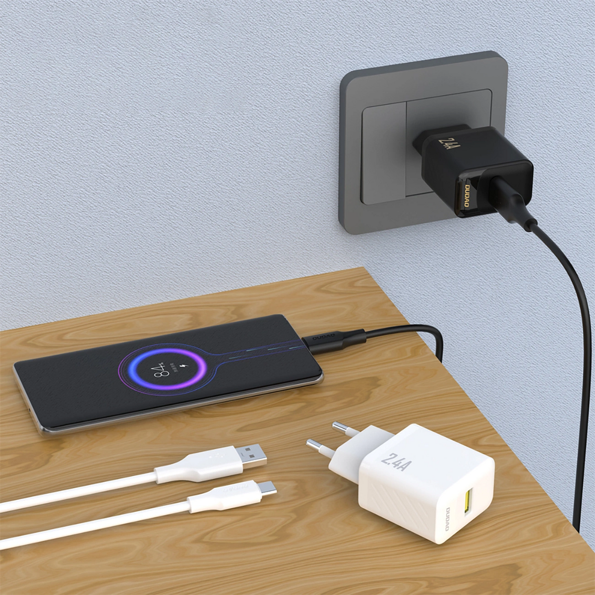 Síťová nabíječka s kabelem USB-C Dudao A23TEU, 12W, 2.4A, 1 x USB-A, černá