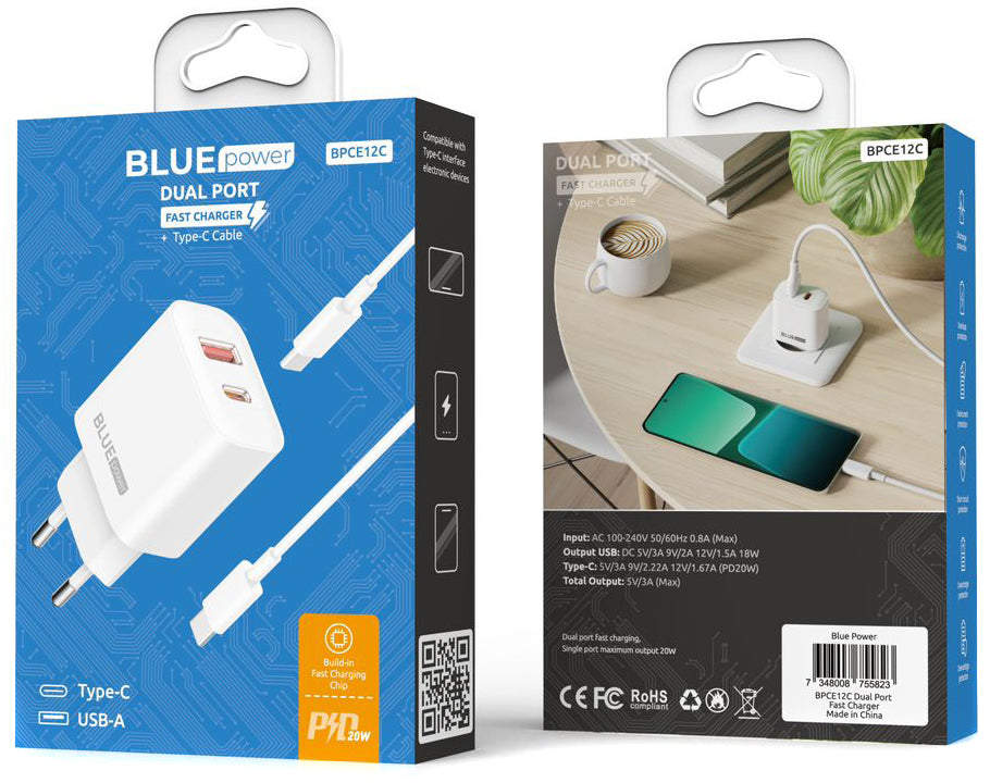Blue Power BPCE12C USB-C kabelová síťová nabíječka BPCE12C, 20W, 3A, 1 x USB-A - 1 x USB-C, bílá