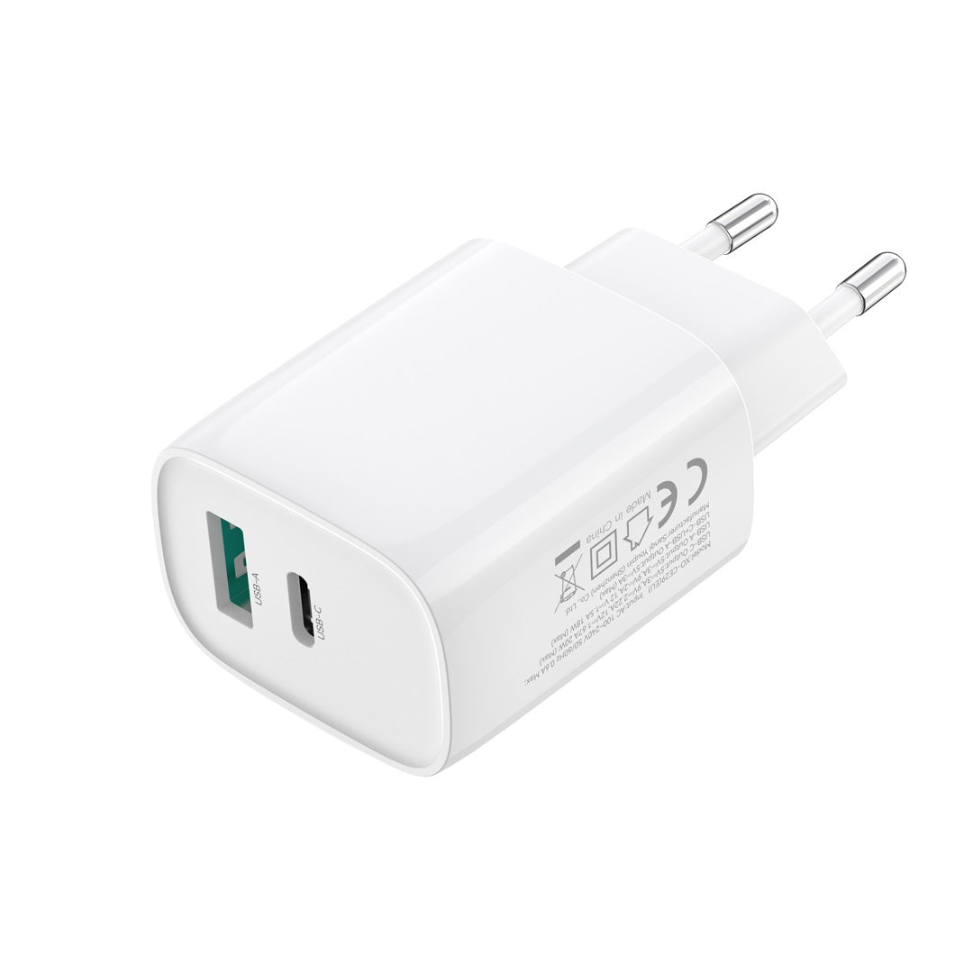 Síťová nabíječka s kabelem USB-C XO Design CE29, 20W, 3A, 1 x USB-A - 1 x USB-C, Bílá
