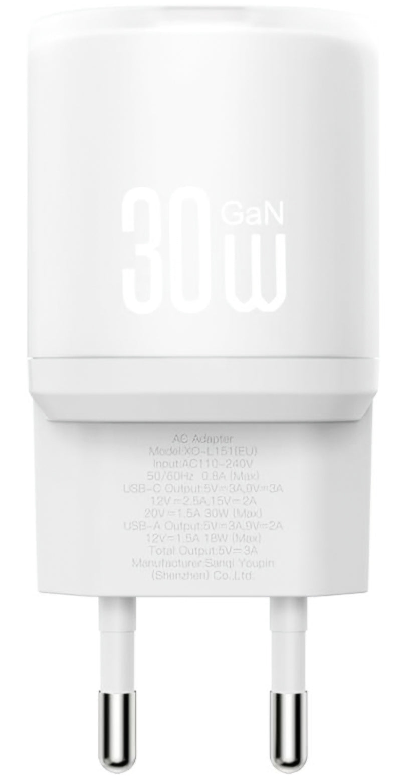 Síťová nabíječka s kabelem USB-C XO Design L151, 30W, 3A, 1 x USB-A - 1 x USB-C, Bílá