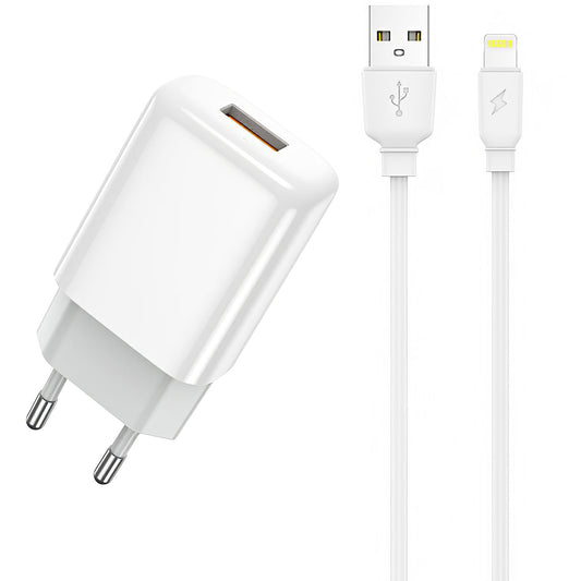 Síťová nabíječka Prestico F7S s kabelem Lightning, 12 W, 2,4 A, 1 x USB-A, bílá
