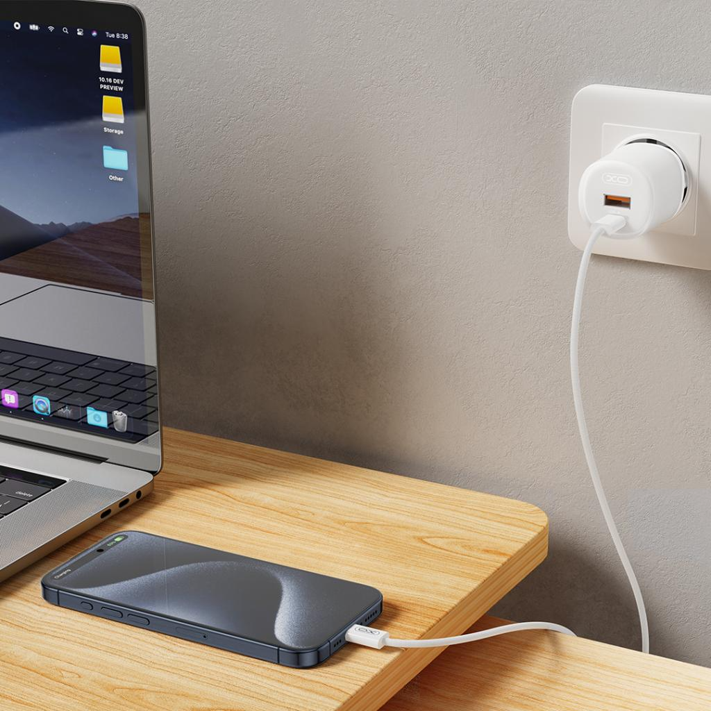 Síťová nabíječka s kabelem USB-C XO Design L151, 30W, 3A, 1 x USB-A - 1 x USB-C, Bílá