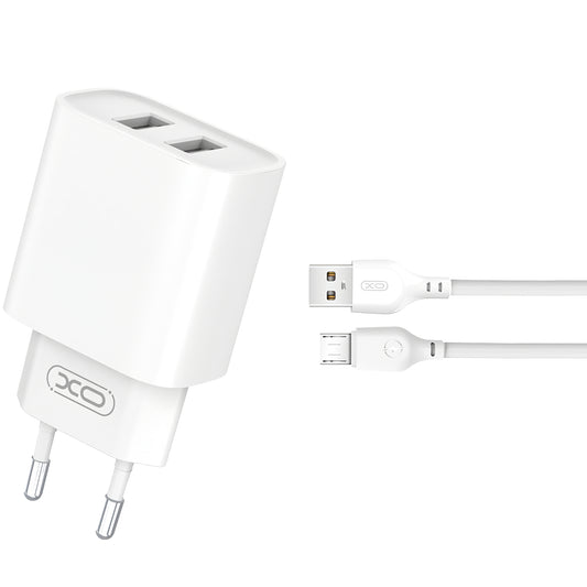 Síťová nabíječka s kabelem microUSB XO Design CE02C, 10,5 W, 2,1 A, 2 x USB-A, bílá