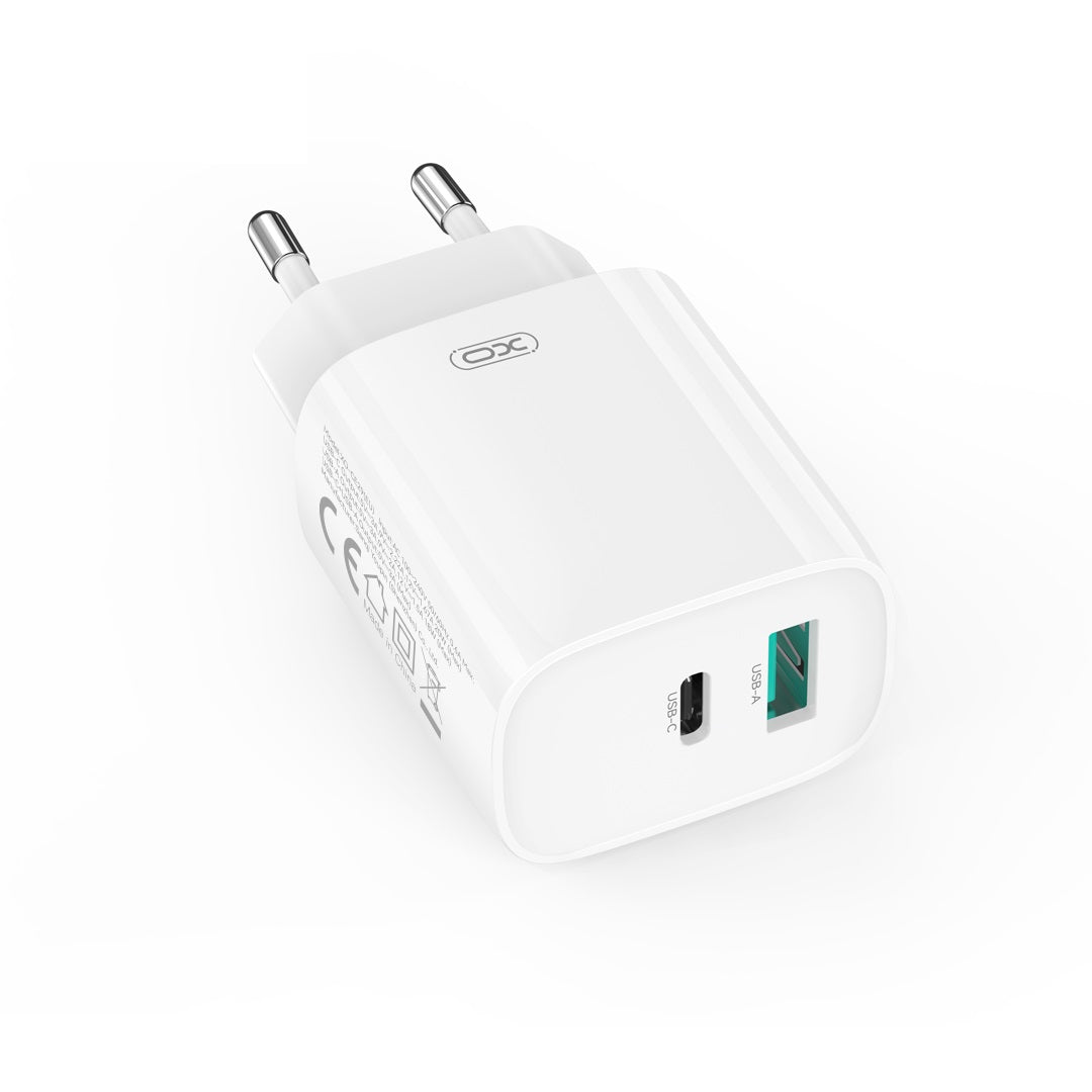 Síťová nabíječka s kabelem USB-C XO Design CE29, 20W, 3A, 1 x USB-A - 1 x USB-C, Bílá