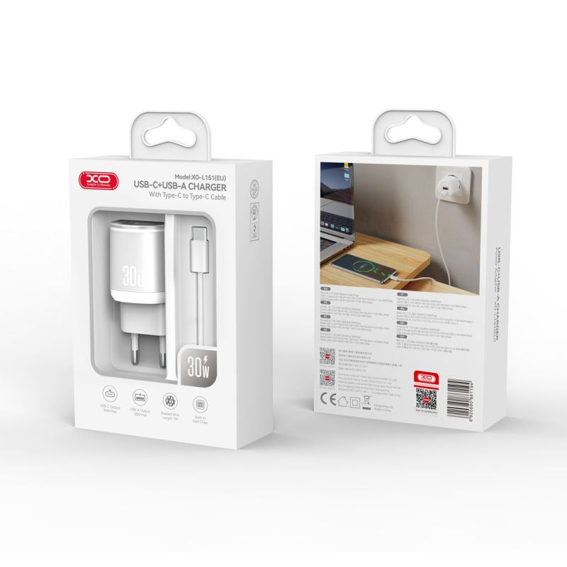 Síťová nabíječka s kabelem USB-C XO Design L151, 30W, 3A, 1 x USB-A - 1 x USB-C, Bílá