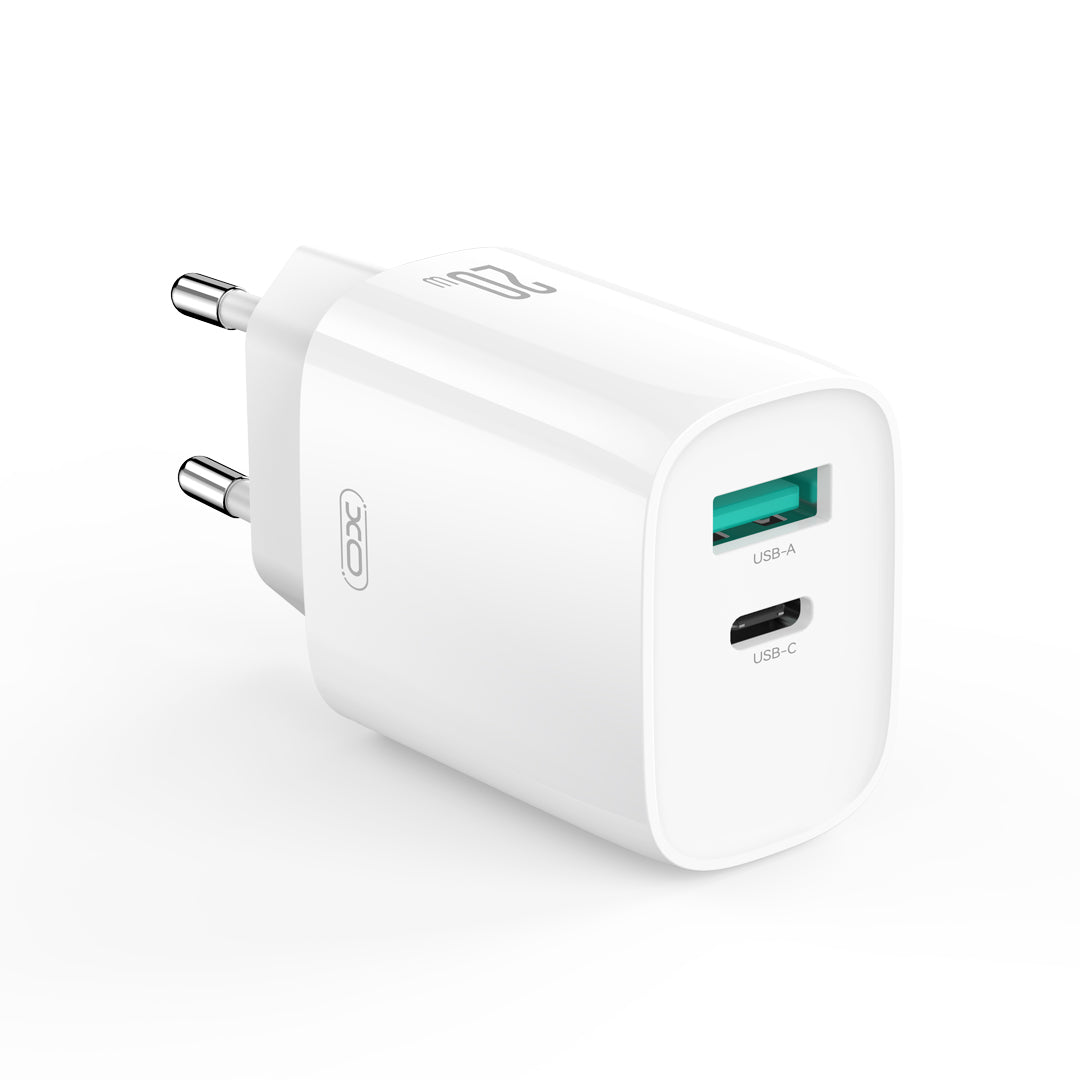 Síťová nabíječka s kabelem USB-C XO Design CE29, 20W, 3A, 1 x USB-A - 1 x USB-C, Bílá