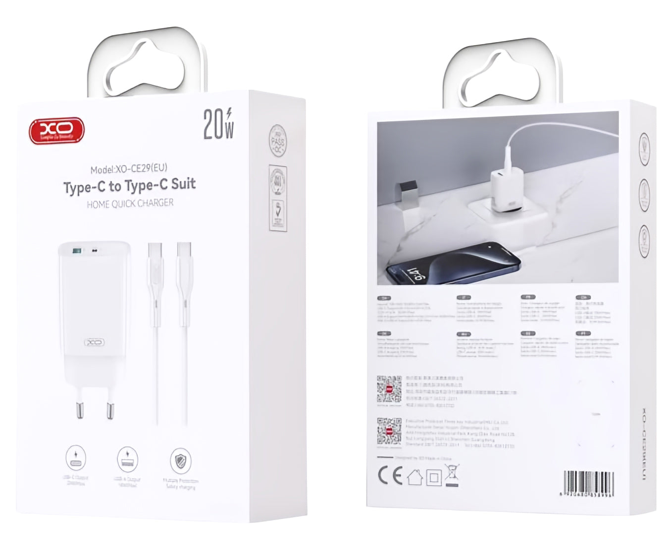Síťová nabíječka s kabelem USB-C XO Design CE29, 20W, 3A, 1 x USB-A - 1 x USB-C, Bílá