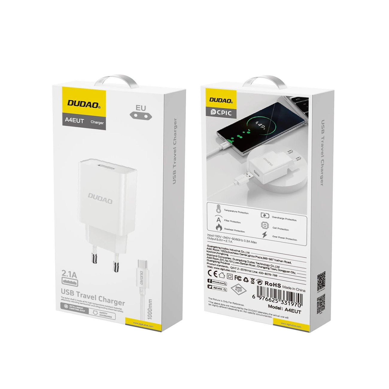 Síťová nabíječka s kabelem USB-C Dudao A4EU, 10W, 2.1A, 1 x USB-A, Bílá