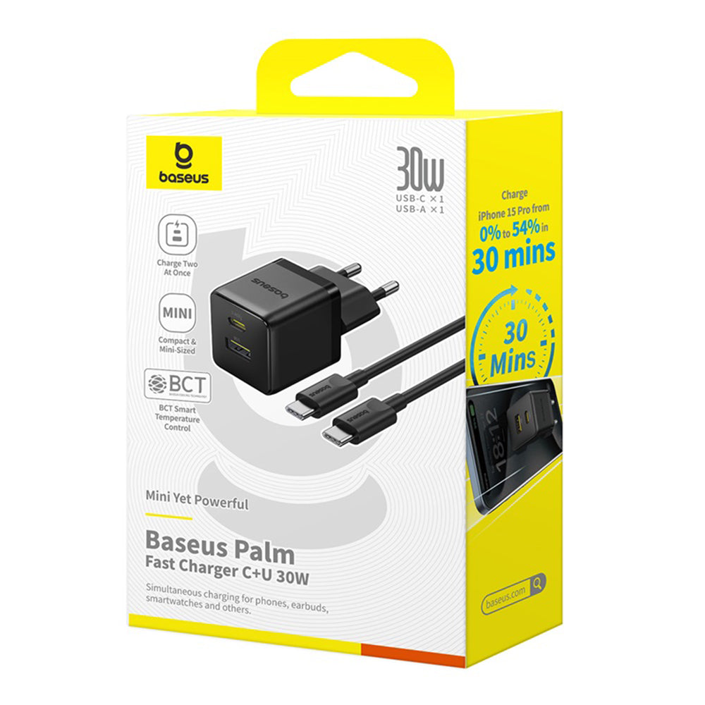 Síťová nabíječka s kabelem USB-C Baseus Palm, 30W, 3A, 1 x USB-A - 1 x USB-C, Černá P1011160A113-01