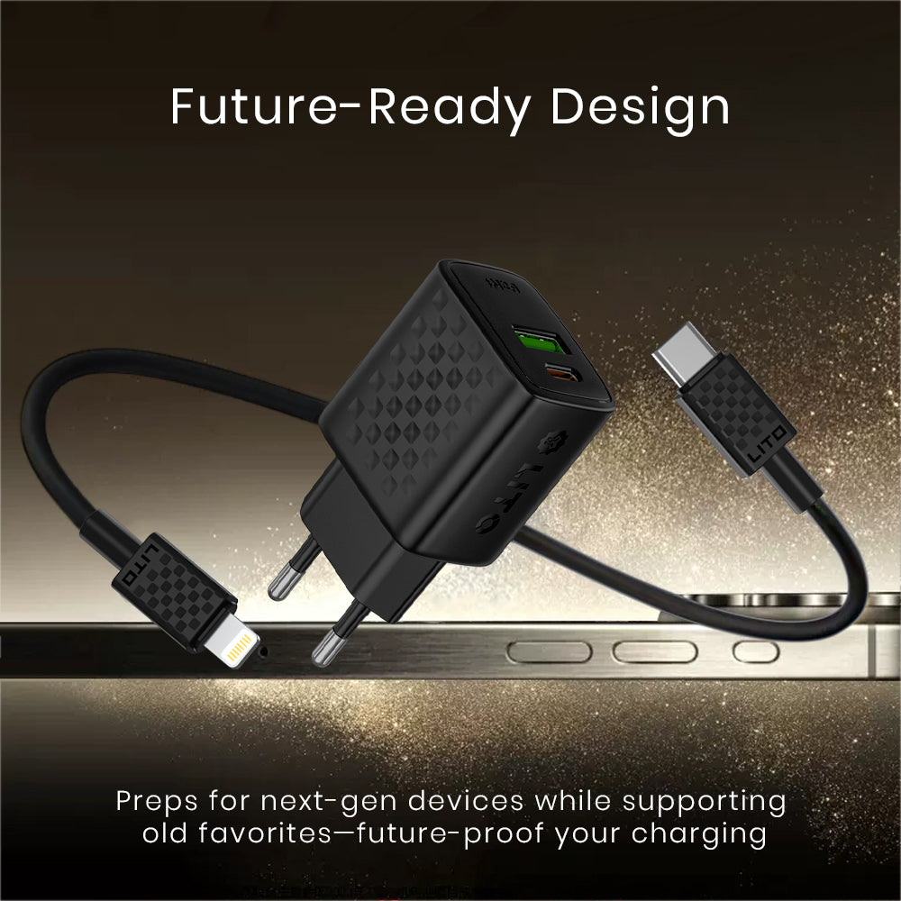 Síťová nabíječka s kabelem Lightning Lito LC15L, 20W, 3A, 1 x USB-A - 1 x USB-C, černá