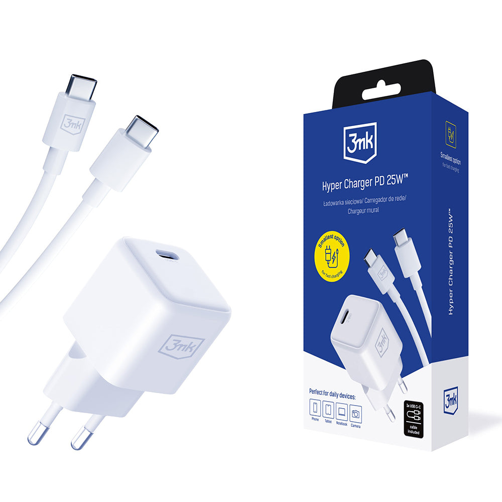 Síťová nabíječka s kabelem USB-C 3MK Hyper, 25W, 3A, 1 x USB-C, bílá