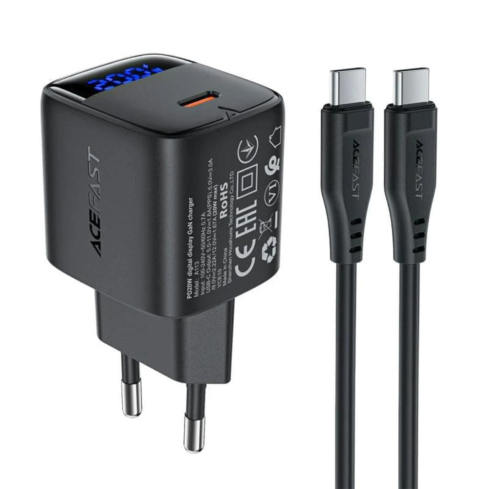 Síťová nabíječka s kabelem USB-C Acefast A113 Display, 20W, 3A, 1 x USB-C, černá