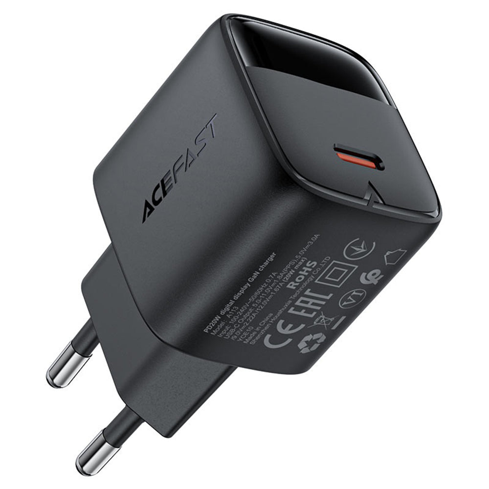 Síťová nabíječka s kabelem USB-C Acefast A113 Display, 20W, 3A, 1 x USB-C, černá